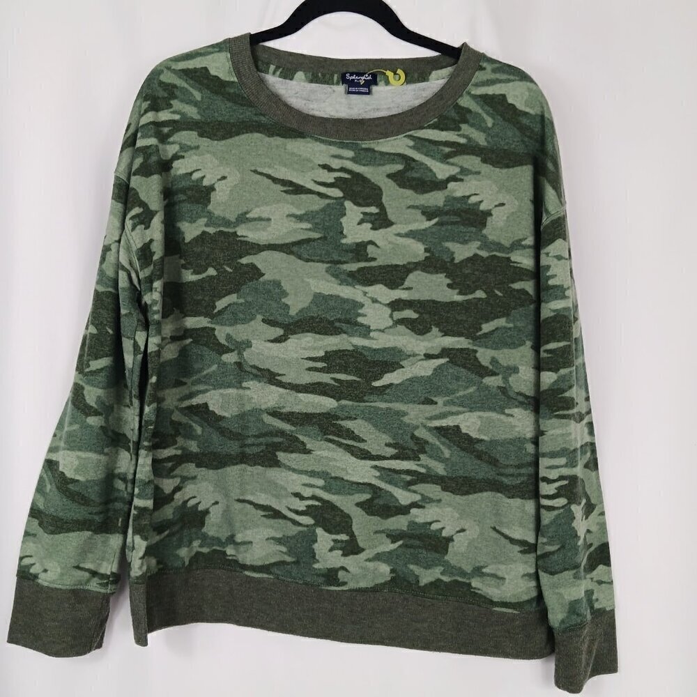 SPLENDID Green Camo Sweatshirt Women's Size XL Camouflage Pullover Crew Neck